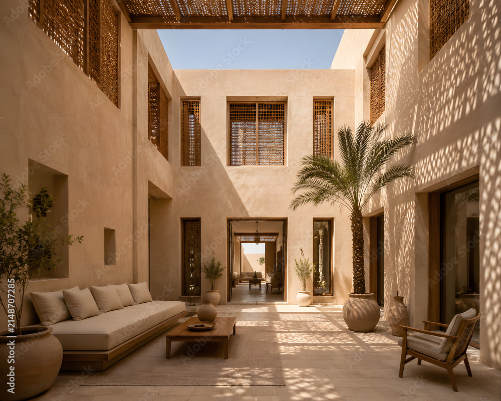 Fototapeta premium Contemporary Middle Eastern Courtyard Home With Mashrabiya Screens