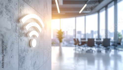 Bright WiFi sign on a textured office wall with sunlit conference room background, illustrating reliable internet access and smart office technology.
