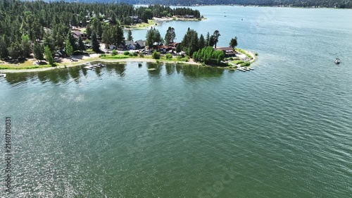 A Drone flight over Big Bear and the Marina showing the recreational areas and the lake