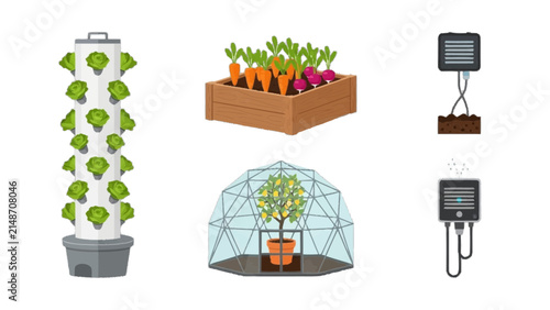 Vertical Farm, Greenhouse, Garden Box, Hydroponics System: Sustainable Urban Agriculture Concept