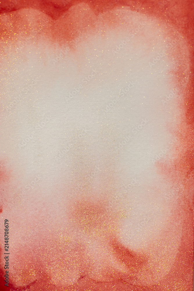 Fototapeta premium Vertical Red Watercolor Frame with Gold Sparkles and Copy Space for holiday posters,invitations,menu covers, greeting cards,announcements and social media designs.red paper texture and gold shimmer