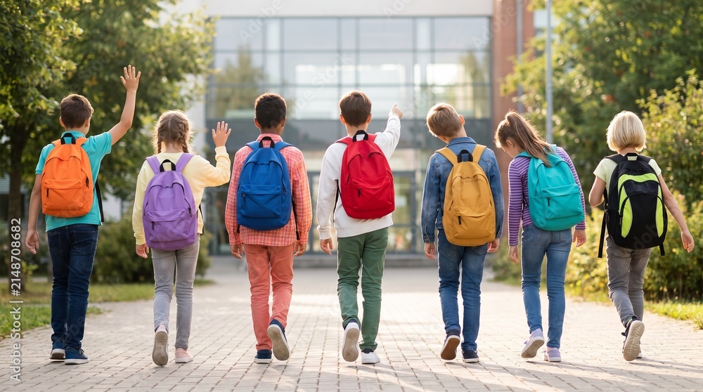 Obraz premium Children Walking to School With Colorful Backpacks Representing Education, Friendship and New Academic Year