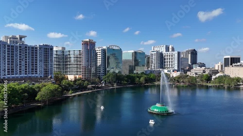 High rises in the background at the fountain in Lake Eola at downtown Orlando in Orange County, Florida.