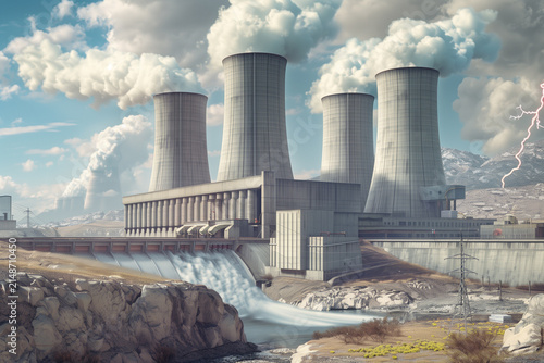 Modern Hydroelectric Power Plant harnessing the force of water for clean energy generation reflections on the water surface.