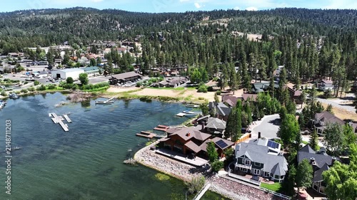 A Drone flight over Big Bear and the Marina showing the recreational areas and the lake