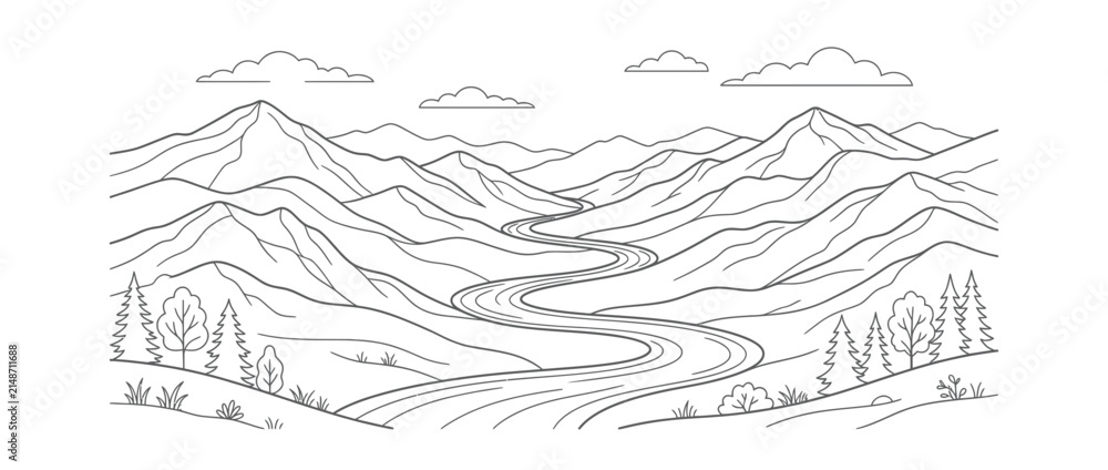 Fototapeta premium Stylized mountain range with winding river and clouds