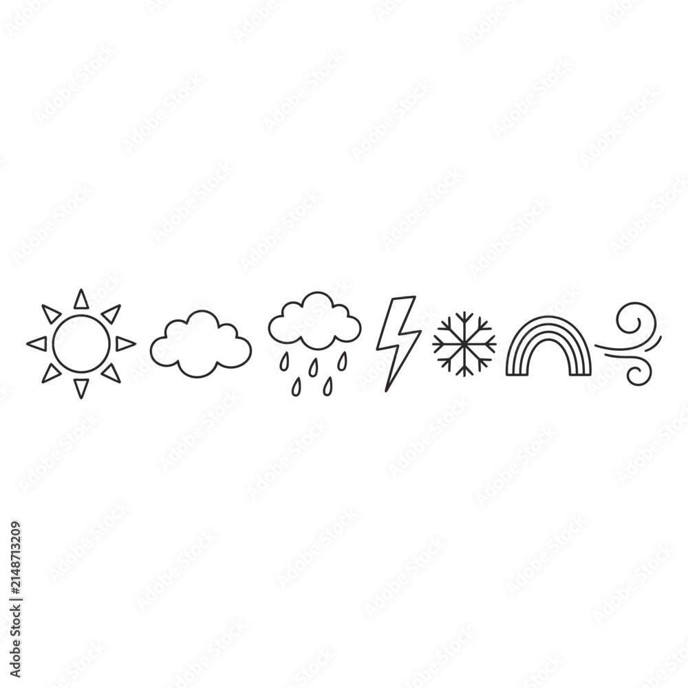 Obraz premium A collection of weather icons in a row, including sun, cloud, rain, lightning, snowflake, rainbow, and wind