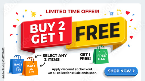 Colorful Buy 2 Get 1 Free Promotional Banner with Shopping Bags and Special Offer Text for E-commerce Sale