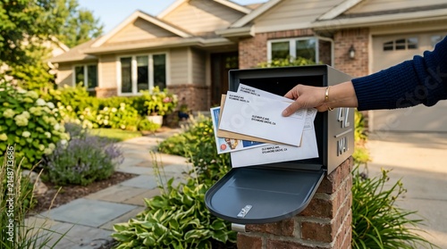 Person placing a stack of letters and mail correspondence into a residential brick mailbox in front of a suburban home on a sunny day