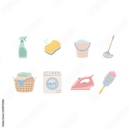 Cleaning and Laundry Service Equipment Tools Flat Vector Illustration Set