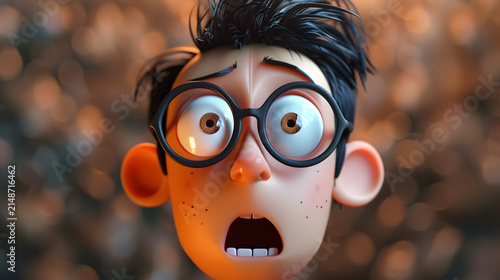 Shocked 3D animated boy with black round glasses and messy hair against warm bokeh background
