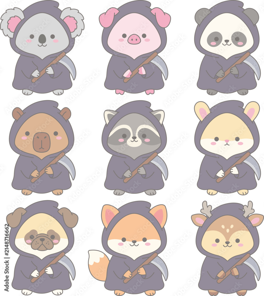 Fototapeta premium Cute animals in Grim Reaper Costume