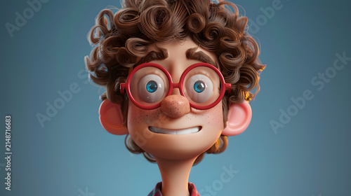 3D stylized cartoon portrait of a cheerful boy with curly hair wearing red round glasses