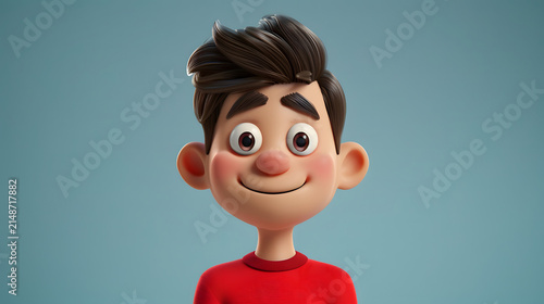 Cheerful 3D cartoon boy avatar with stylized hair and happy smile wearing a red sweater