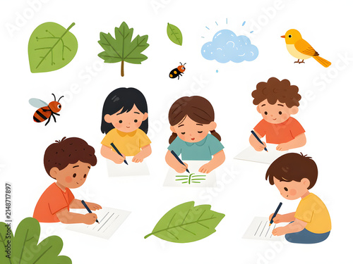 Children Learning About Nature: A group of young children actively engage in drawing and learning about the natural world, surrounded by illustrations of leaves, insects, a bird, and a cloud.