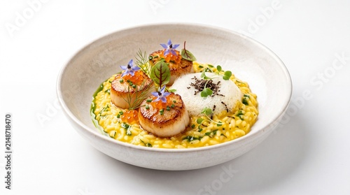 Seared scallops served with creamy risotto in a bowl