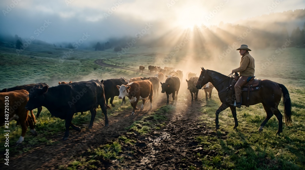 Obraz premium Caucasian cowboy riding horse herding cattle on dirt path. Rancher guiding livestock through morning mist, for agricultural industry.