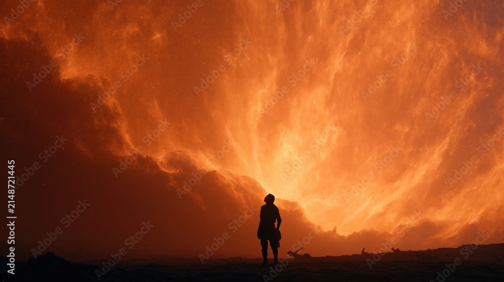 Fototapeta premium Human silhouette entering glowing circular fire ring portal symbolizes ascension transformation and evolution into higher consciousness in abstract concept visual.