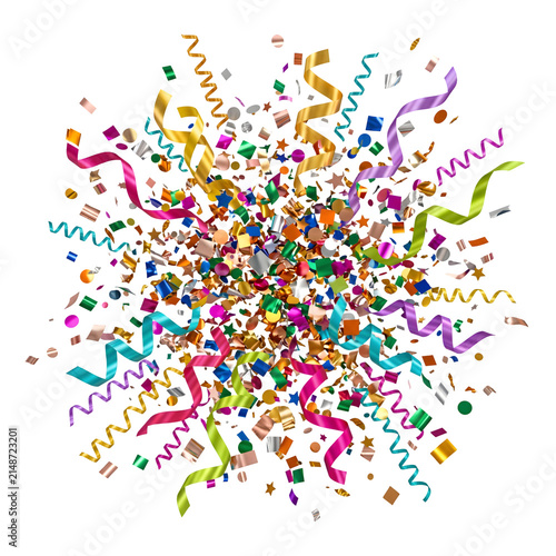 Bursting Colorful Confetti and Streamers Illustration Isolated on White Background