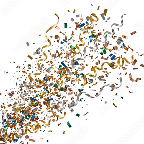 Explosion of Festive Gold Silver and Colorful Confetti Streamers on White Background