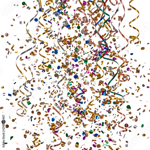 Festive Celebration Background with Falling Metallic Confetti and Ribbons
