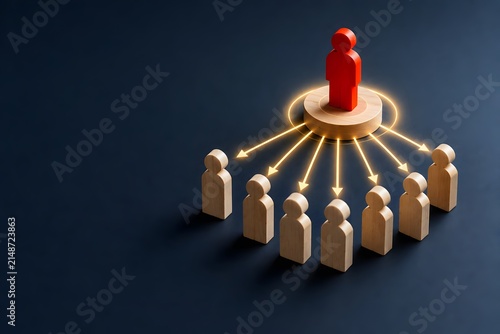 Outstanding leadership and authority concept featuring a red figure directing a team through glowing arrows representing strategic management