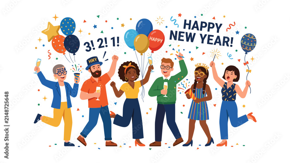 Fototapeta premium Diverse group of friends celebrating New Year with balloons and confetti.