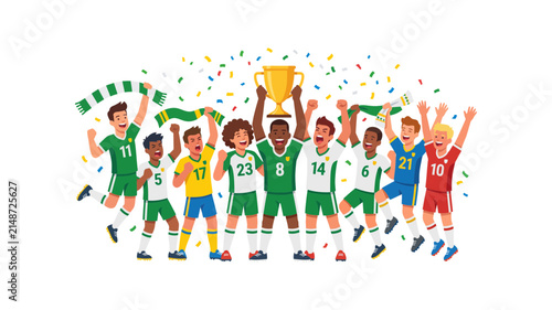Happy youth soccer team celebrating victory with trophy and confetti.