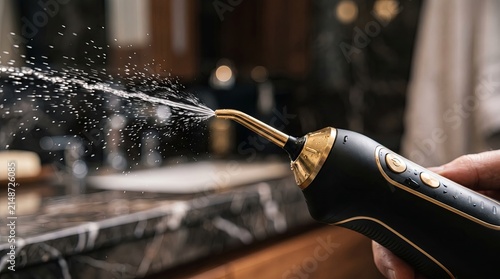 Dental water flosser tip spraying droplets with black gold handle in closeup