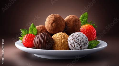 A delectable assortment of gourmet truffles and fresh strawberries presented on a white plate, promising a rich and indulgent dessert experience