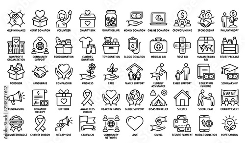Premium Charity and Donation Outline Icons Set with Volunteer Philanthropy Compassion and Sponsorship Symbols