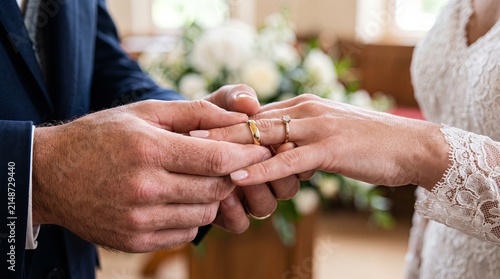 Groom placing wedding band on bride finger during ceremony in warm indoor light