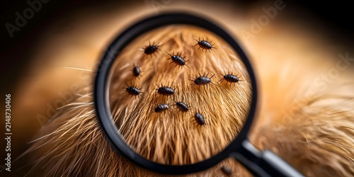 Close-up of�fleas�on a�dog's fur�viewed through a�magnifying glass.