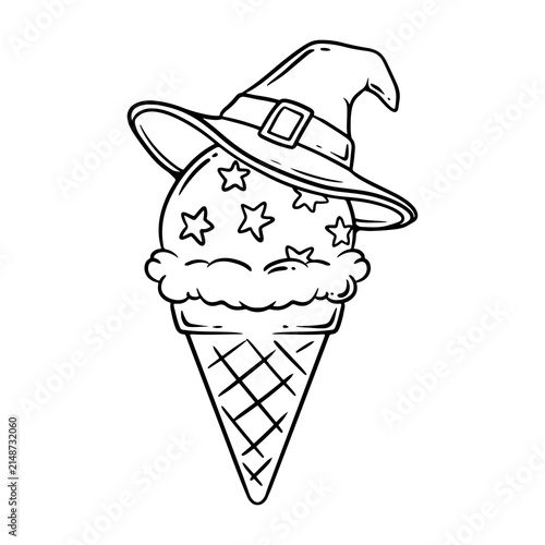 illustration art line art hand drawn ice cream with hat witch for halloween vector design