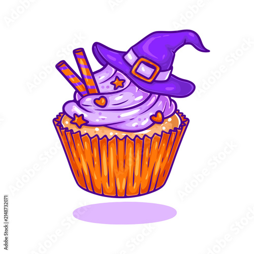 illustration art vector hand drawn cupcake with hat witch toping for halloween sticker design