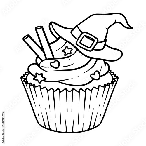 illustration art line art black and white cupcake with hat witch toping for halloween sticker design
