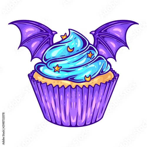 illustration art hand drawn cute cupcake with bat wings for halloween deco vector design