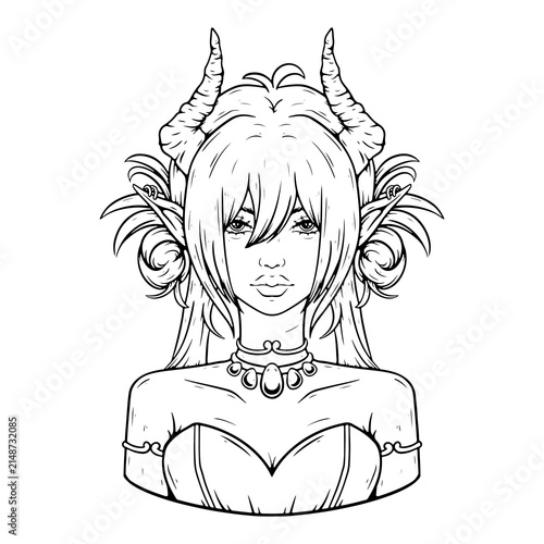 illustration art hand drawn pink elf girl with horn half body black and white design