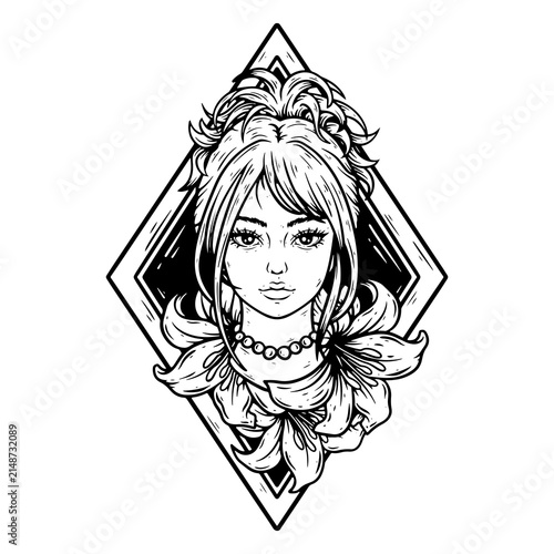 illustration art hand drawn black and white girl with hair bun and lily flower character design