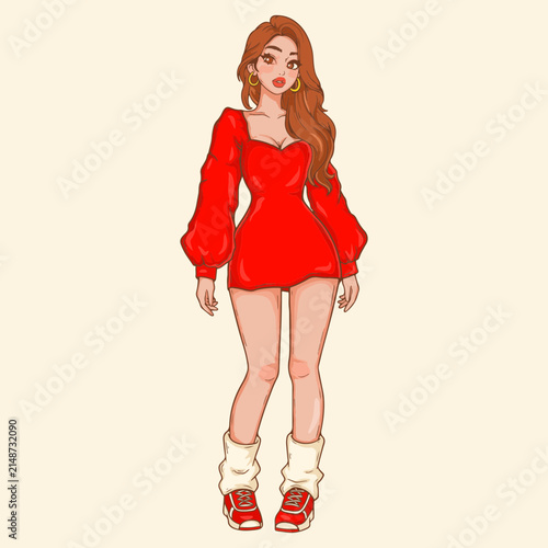illustration art line art hand drawn woman with long hair and red dress outfit character design