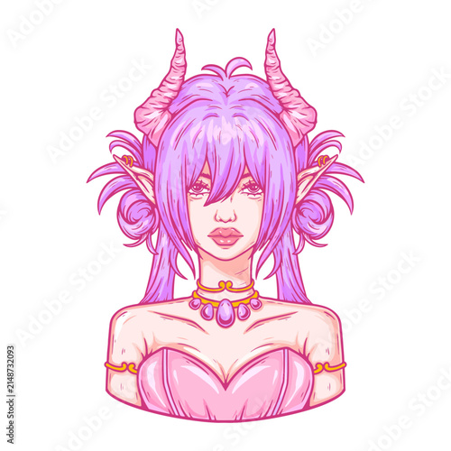 illustration art hand drawn pink elf girl with horn half body tattoo and t-shirt design