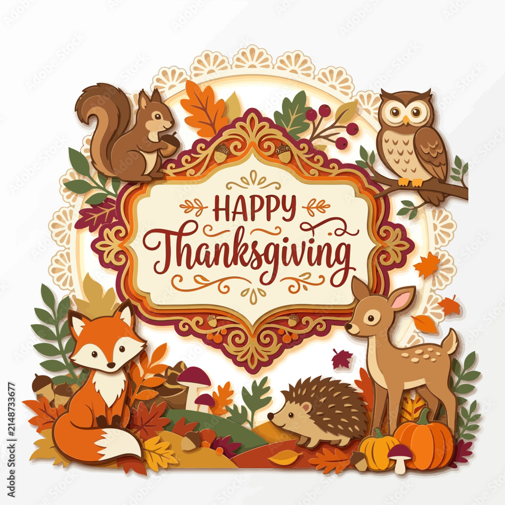 Naklejka premium Happy Thanksgiving woodland creatures illustration with autumn leaves and pumpkins