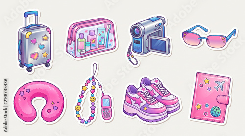 Set of colorful Y2K style travel stickers featuring vintage camcorder, luggage, sneakers and accessories. Retro aesthetic illustration for scrapbooking, journaling and decoration