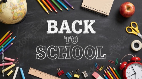 School Supplies Arranged Around Back to School Chalk Lettering on Black Chalkboard