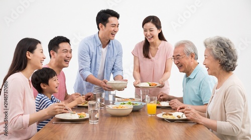A multi-generational family joyfully gathered around a dining table, sharing a meal and laughter. The scene captures a warm moment of togetherness and connection as they enjoy food and conversation.