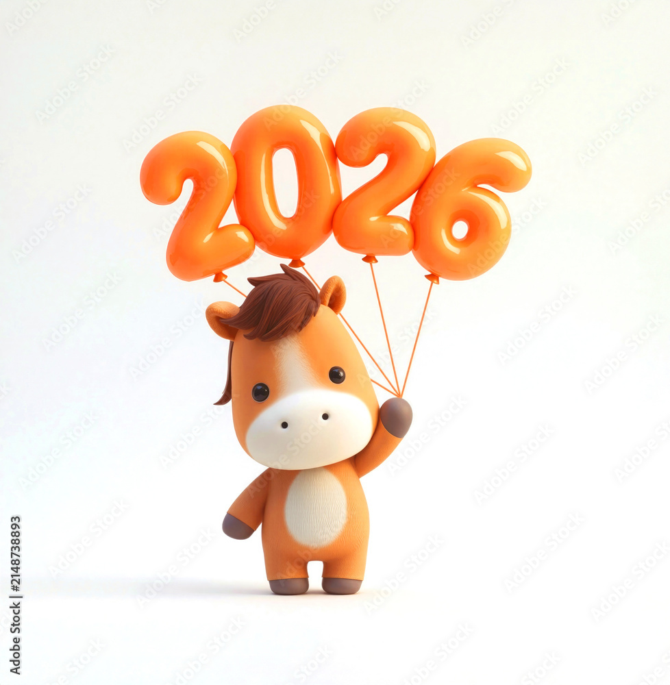 Fototapeta premium A small horse character stands and holds four orange balloons. Each balloon has a number on it forming 2026. The background is light and simple.