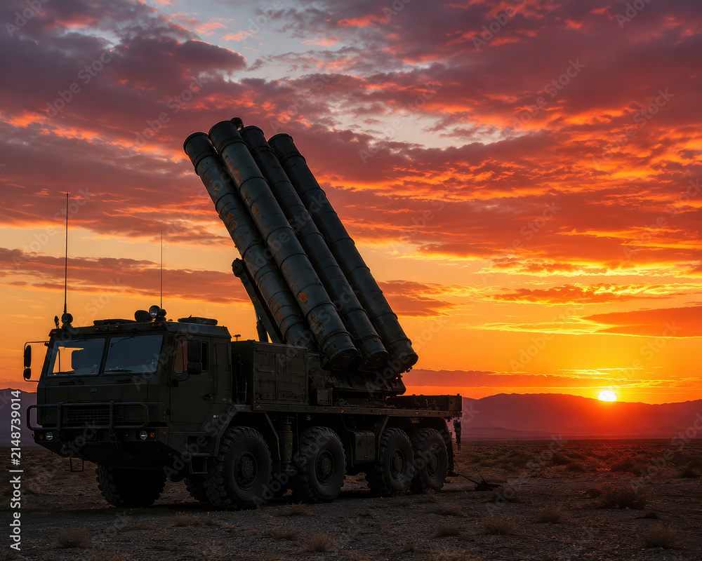 Obraz premium Modern Air Defense Missile System Silhouette at Sunset in Desert Landscape