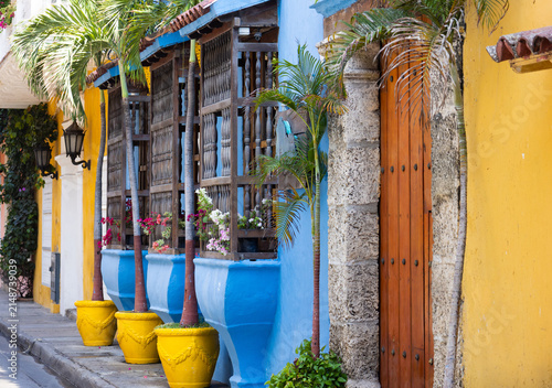 Colombia, Scenic colorful streets of Cartagena in historic Getsemani district near Walled City, Ciudad Amurallada, a UNESCO world heritage site