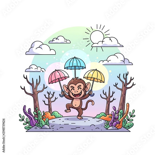Happy Monkey Dancing with Umbrellas in a Whimsical Landscape.