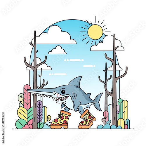 Happy Sawshark Walking in Pizza Boots.